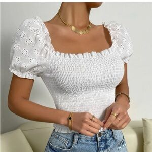 SHEIN Frenchy Eyelet Embroidery Puff Sleeve Shirred Top
